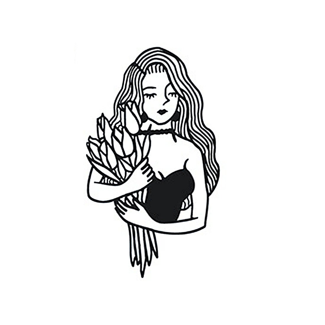 Detailed elegant woman holding tulips temporary tattoo – waterproof herbal ink style