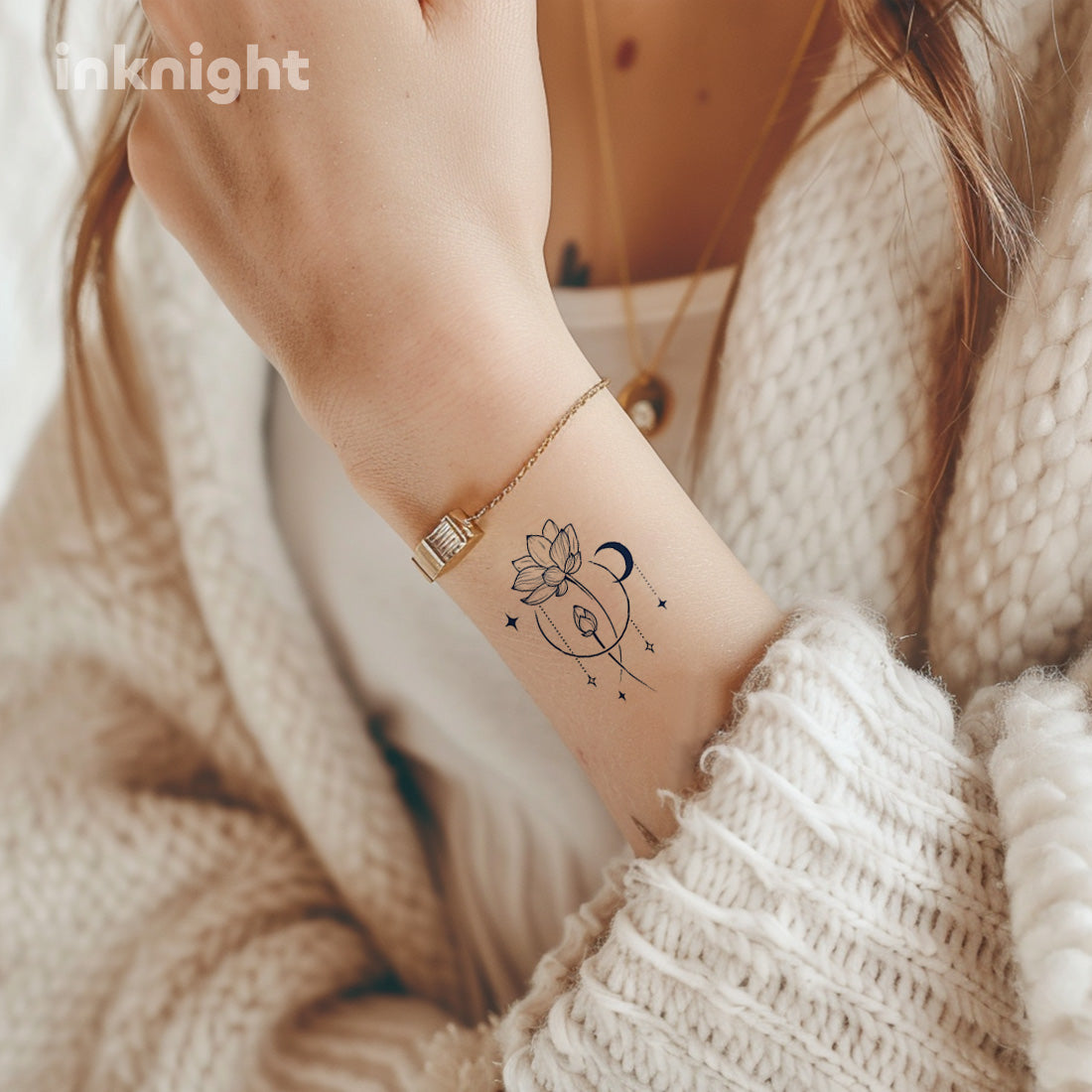 Lotus moon temporary tattoo on wrist – waterproof herbal ink body art