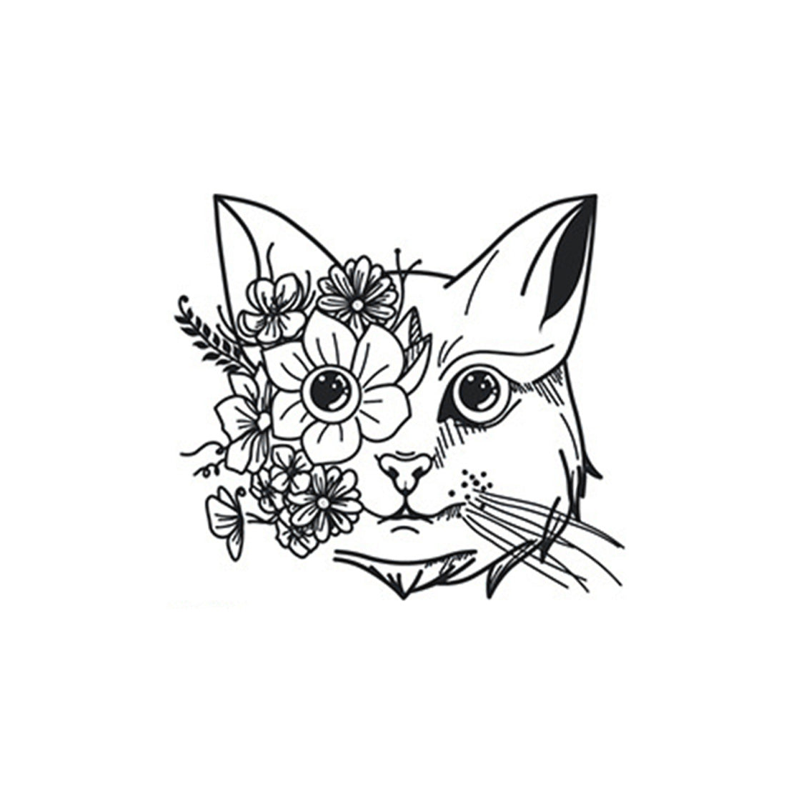 Cat face with flowers temporary tattoo – waterproof herbal ink design