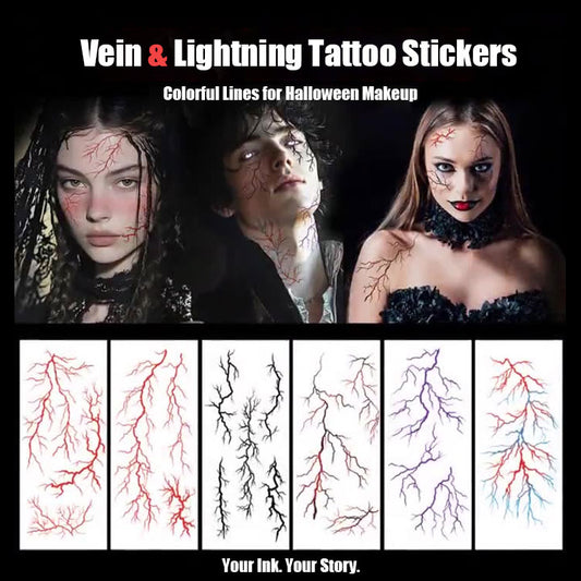 Vein & Lightning Tattoo Sticker Set (6 pcs) - 9.4×4.3