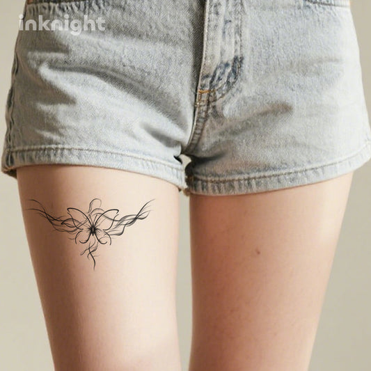 Abstract Butterfly Thigh Tattoo – Black Line Temporary Tattoo Sticker for Women