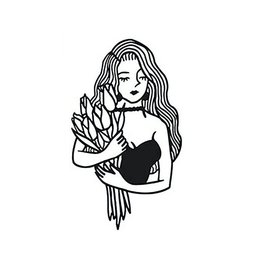 Detailed elegant woman holding tulips temporary tattoo – waterproof herbal ink style
