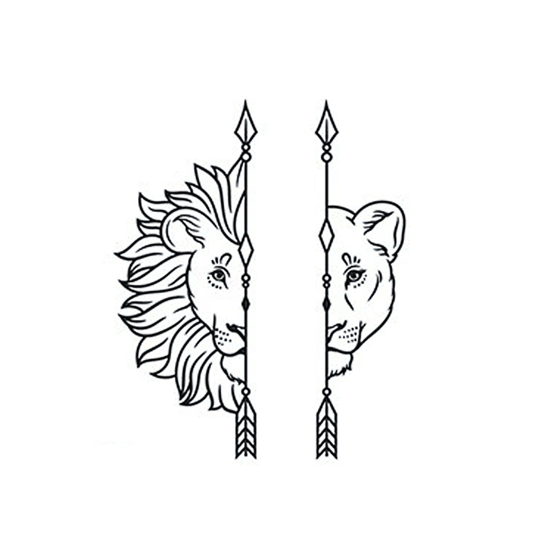 Lion and lioness line-art tattoo design – herbal ink waterproof temporary sticker