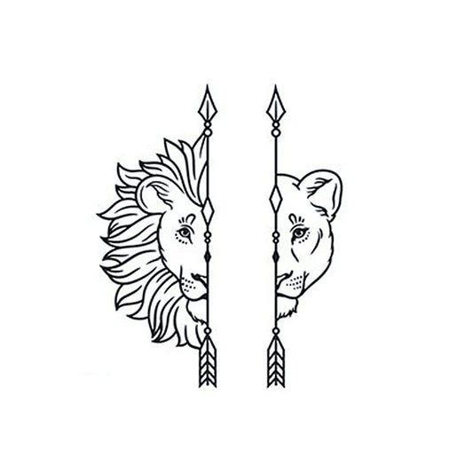 Lion and lioness line-art tattoo design – herbal ink waterproof temporary sticker