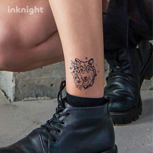 wolf and floral temporary tattoo on ankle – waterproof herbal ink body art sticker