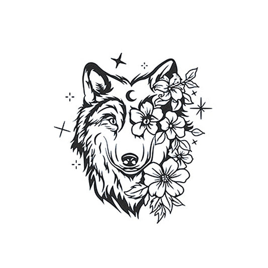 wolf and floral tattoo design with moon and stars – herbal ink waterproof temporary tattoo sticker