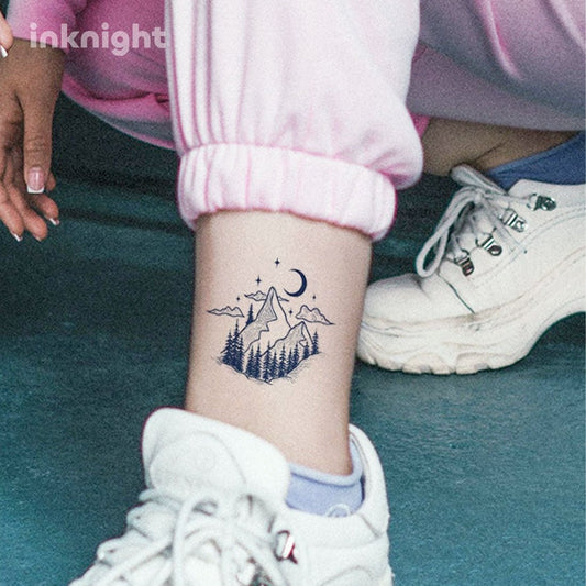 Mountain & moon temporary tattoo on ankle – waterproof herbal ink body art