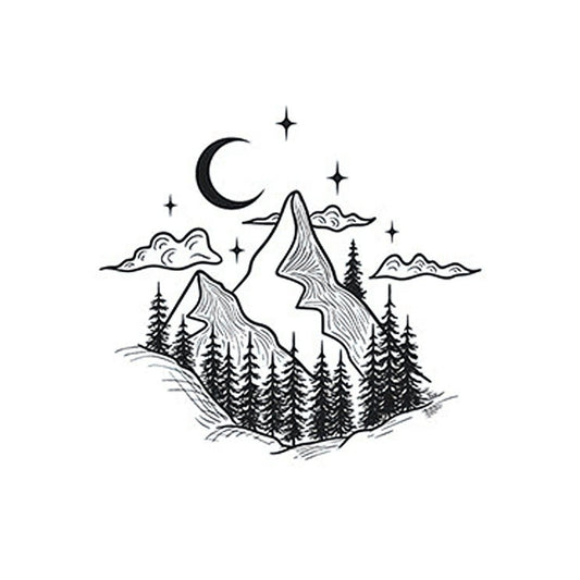 ：Detailed mountain & moon landscape temporary tattoo – waterproof herbal ink nature style