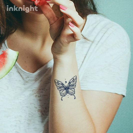 Moonlit butterfly temporary tattoo on wrist – waterproof herbal ink body art