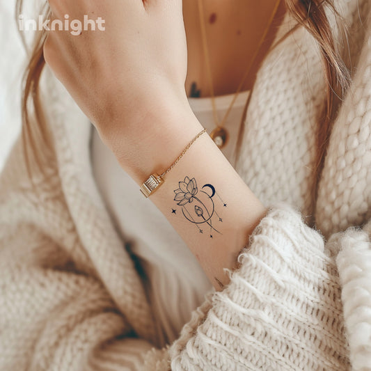 Lotus moon temporary tattoo on wrist – waterproof herbal ink body art