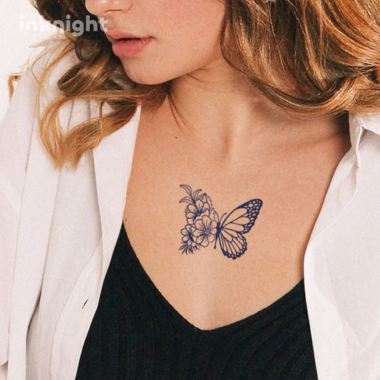 Floral butterfly temporary tattoo on chest – waterproof herbal ink body art