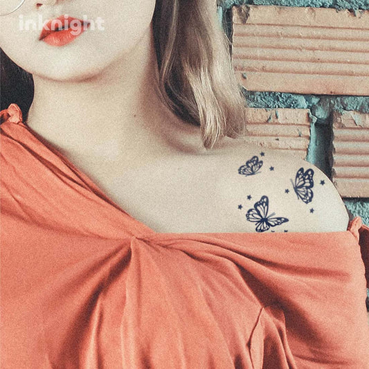 Butterfly and star temporary tattoo on shoulder – waterproof herbal ink body art