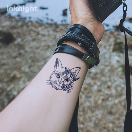 Floral cat temporary tattoo on wrist – waterproof herbal ink animal body art