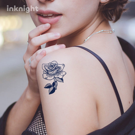 Bold rose temporary tattoo on shoulder – waterproof herbal ink floral body art