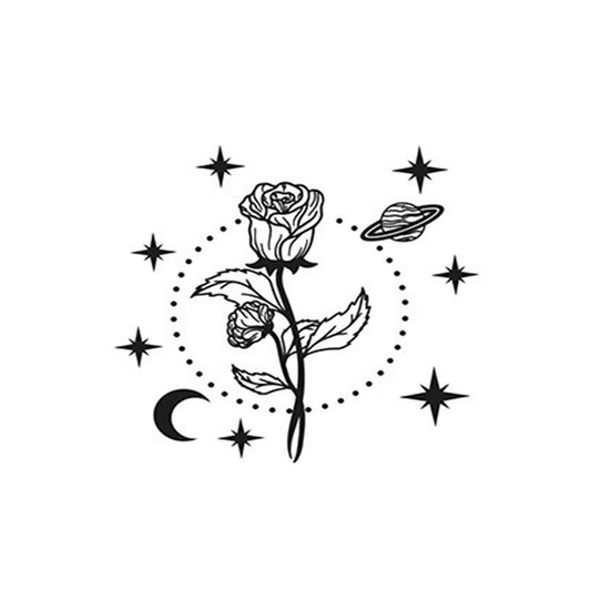 Celestial rose with moon and planet temporary tattoo – waterproof herbal ink design