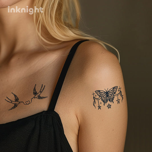 Butterfly & Swallow Temporary Tattoos – Dual Black Line Herbal Tattoo Set for Shoulder or Collarbone