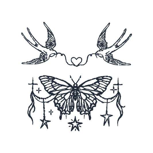 Butterfly & Swallow Temporary Tattoos – Dual Black Line Herbal Tattoo Set for Shoulder or Collarbone