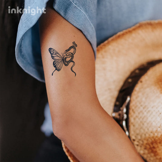 Snake & Butterfly Temporary Tattoo – Botanical Black Ink Tattoo Sticker for Arm or Shoulder