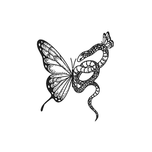 Snake & Butterfly Temporary Tattoo – Botanical Black Ink Tattoo Sticker for Arm or Shoulder