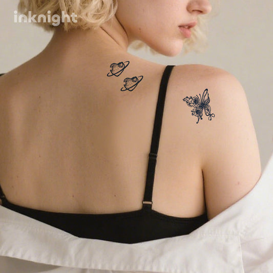 Cat and floral butterfly temporary tattoo set on woman's shoulder and back – waterproof herbal ink body art sticker